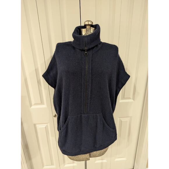 KINROSS Cashmere Short Sleeve quarter Zip poncho Adj. collar. Navy w black. O/S - Picture 13 of 16